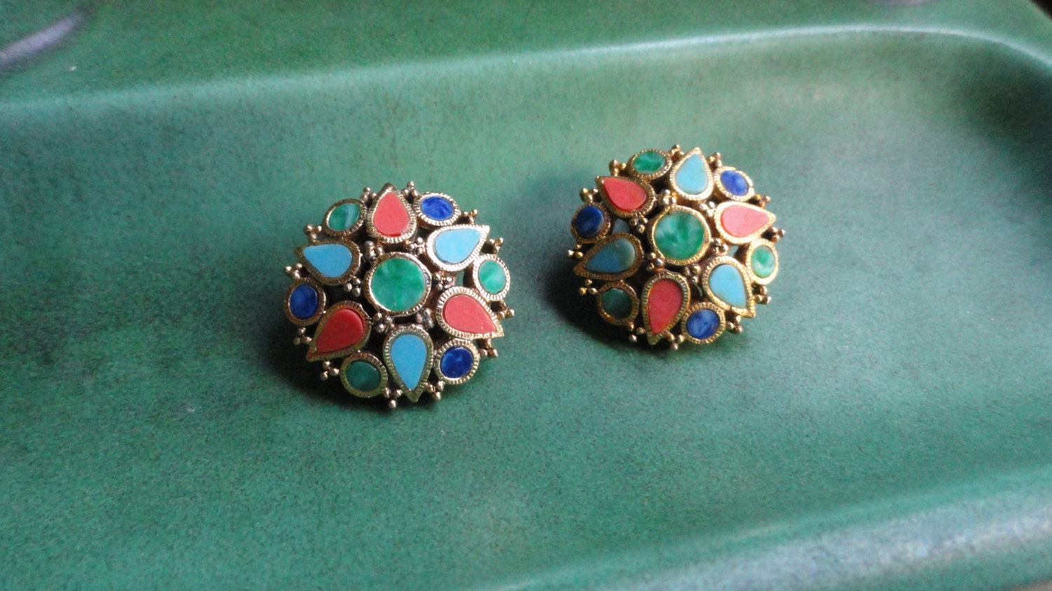 Earrings by ART, Turquoise, Coral, Malachite, and Lapis