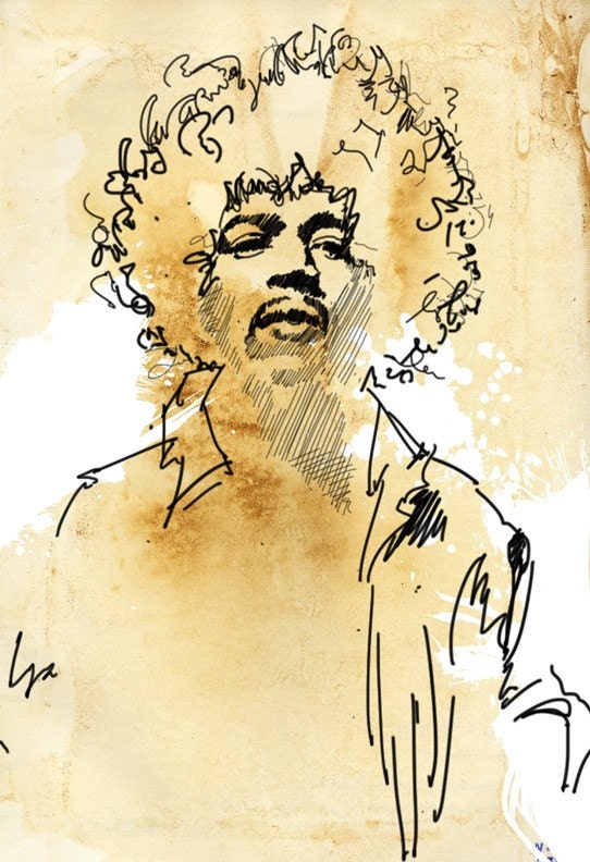 JIMI HENDRIX portrait - Rock and Roll music art illustration - art print size 13x19.