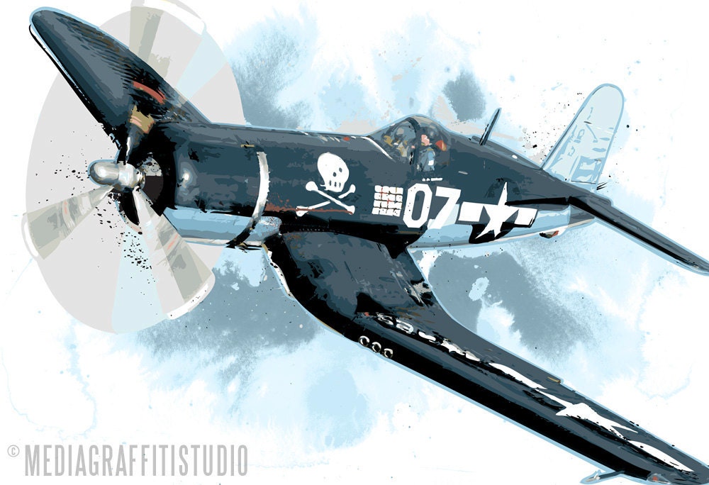 Airplane art print of a F4U CORSAIR WWII warbird vintage fighter plane - 13x19