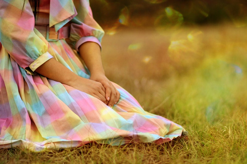 Vintage 1970 Small Medium - Easter Pastel Rainbow Checkered - Accordion Pleated A-line Day Dress - Anthropologie Boho Folk