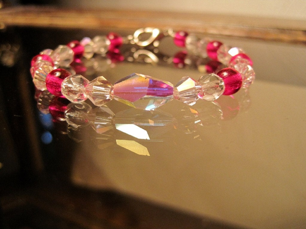 Pink Swarovski Bracelet, Chinese Crystals, Czech Glass, Rosaline, Fuchsia