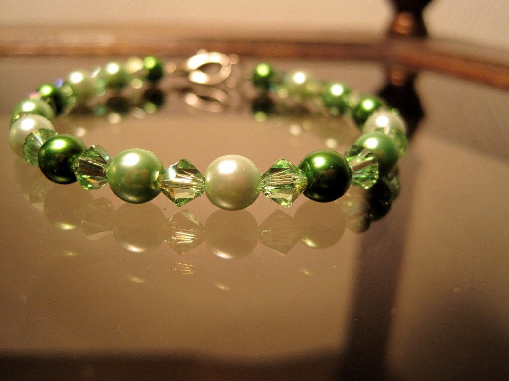 Swarovski and Glass Pearl Bracelet, Peridot, Emerald, Crystal, Green