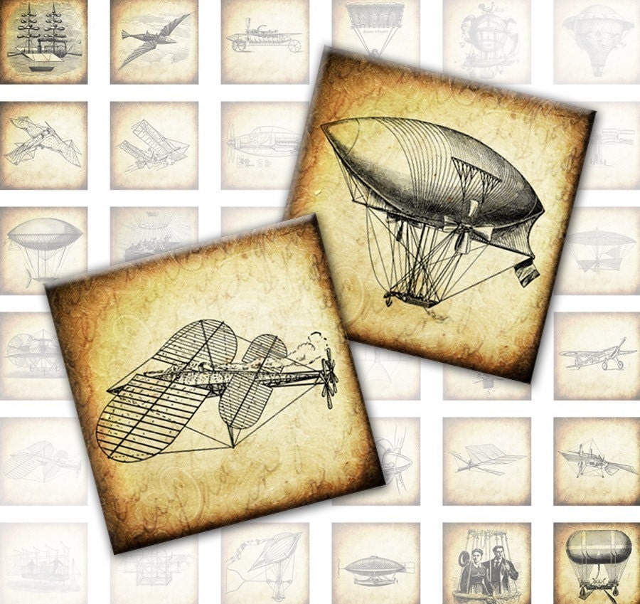 Vintage transportation airplanes, dirigibles and air-balloons - digital collage sheet 1x1 inch squares (138) Buy 3 - get 1 bonus