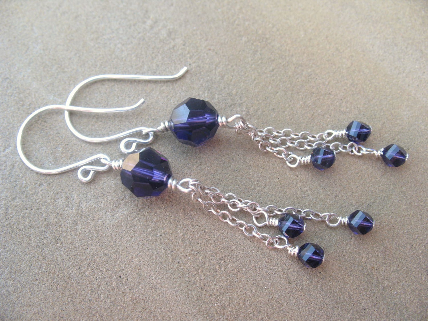 Purple Earrings Sterling Silver Swarovski Crystal Jewelry Long Dangle Beaded Earrings