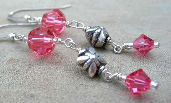 Pink Crystal Earrings Sterling Silver Jewelry Wire Wrapped Dangle Earrings