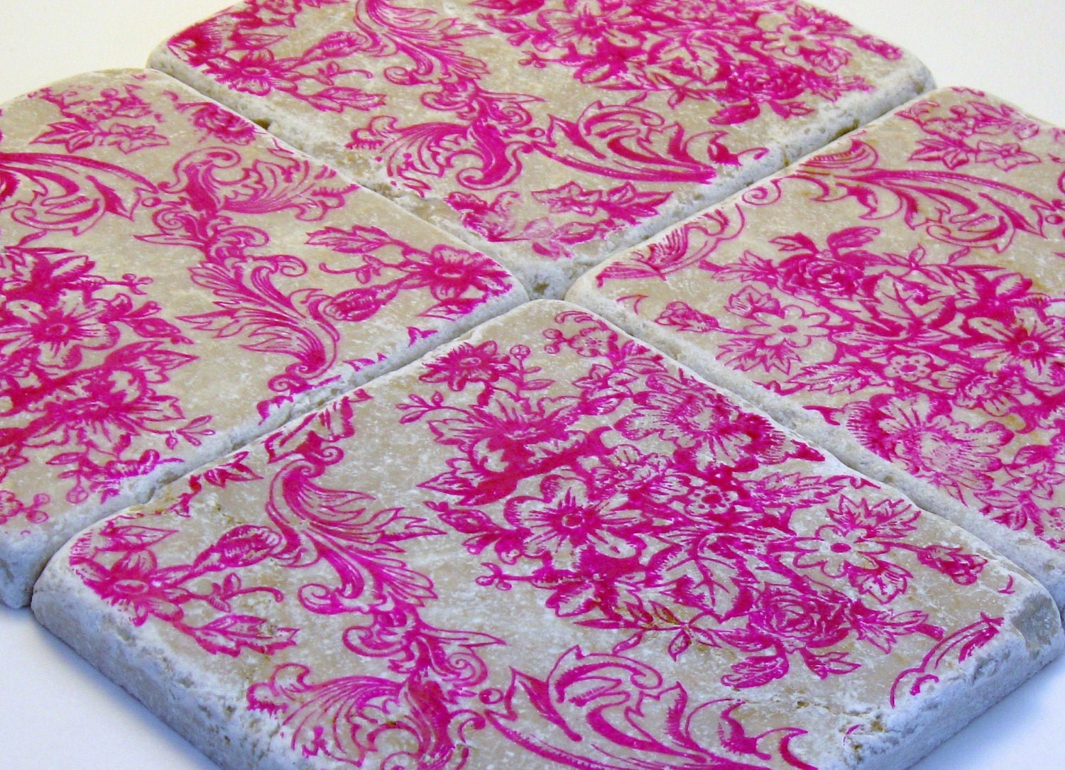 Pink Damask Hand Stamped Coasters