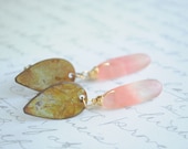 Watermelon Earrings-- Rose quartz tokens on Antiqued patina tear drops.