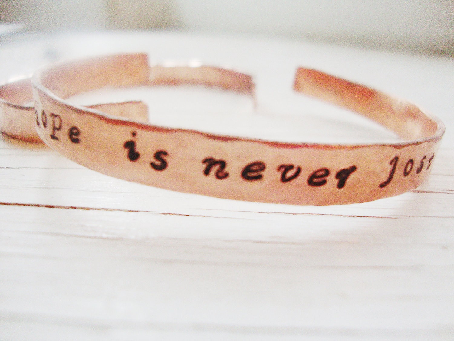 Hope is never lost handstamped copper bangle