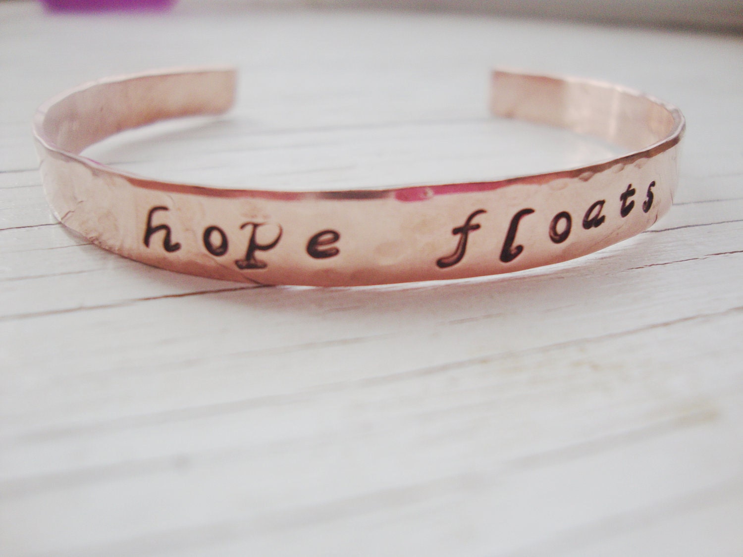 Handstamped Hope Floats copper bangle