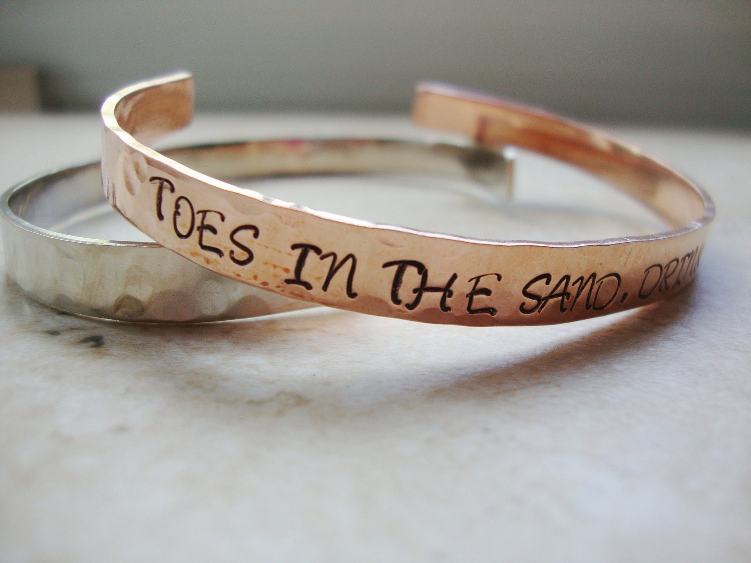 Toes in the sand drink in my hand copper handstamped hammered shiny cuff