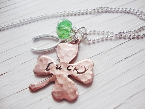 Feelin lucky handstamped copper shamrock necklace with wishbone and green czech bead