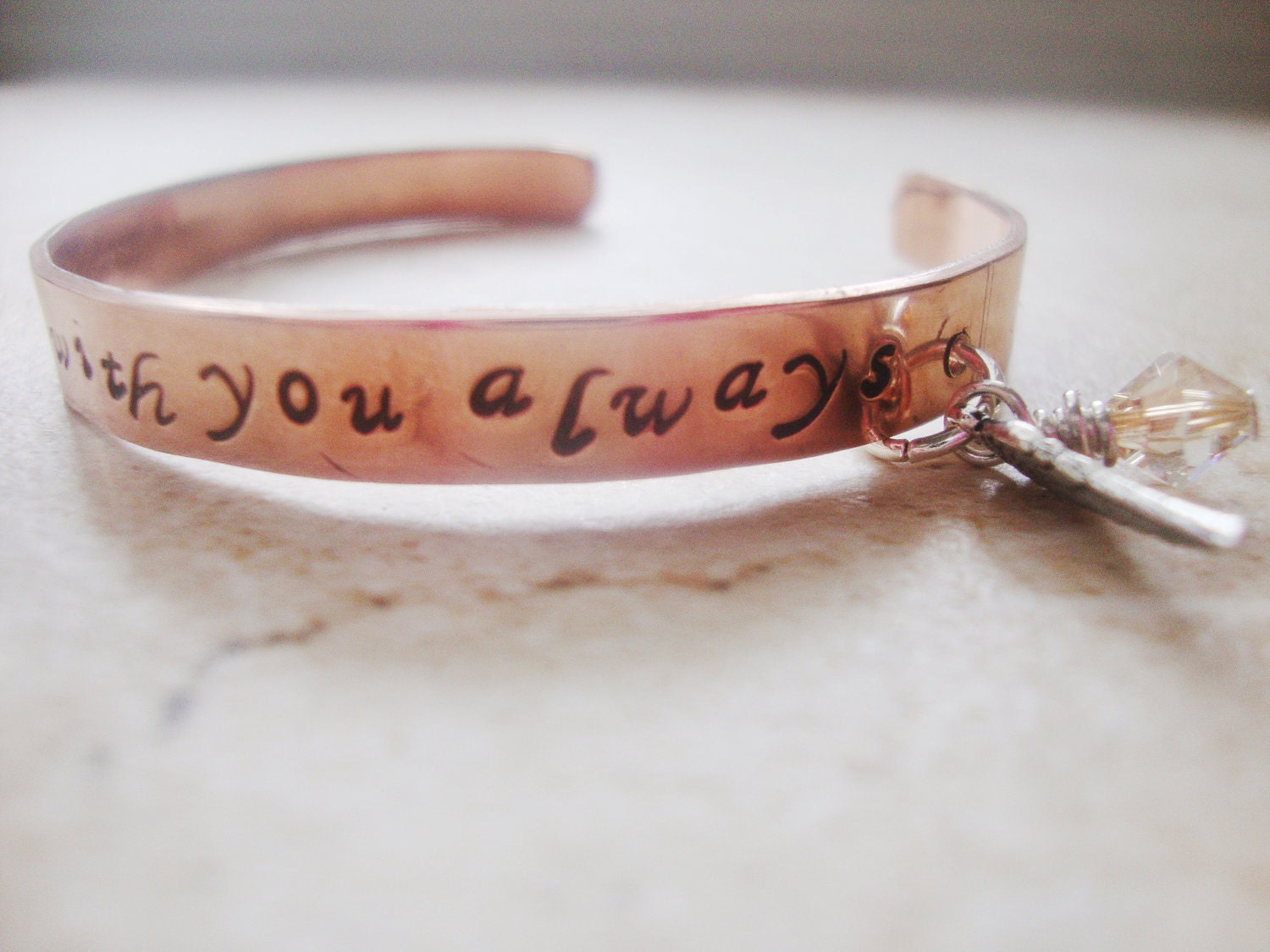 Always handstamped cuff bracelet with angel wing charm and swarovski crystal