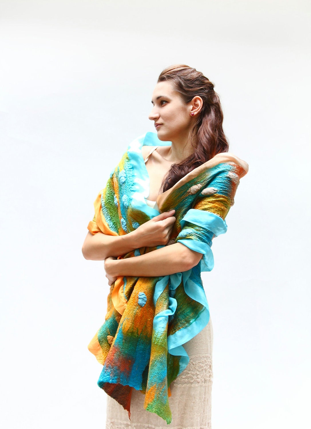 Oversized nuno felted wrap chunky texture blue orange green red