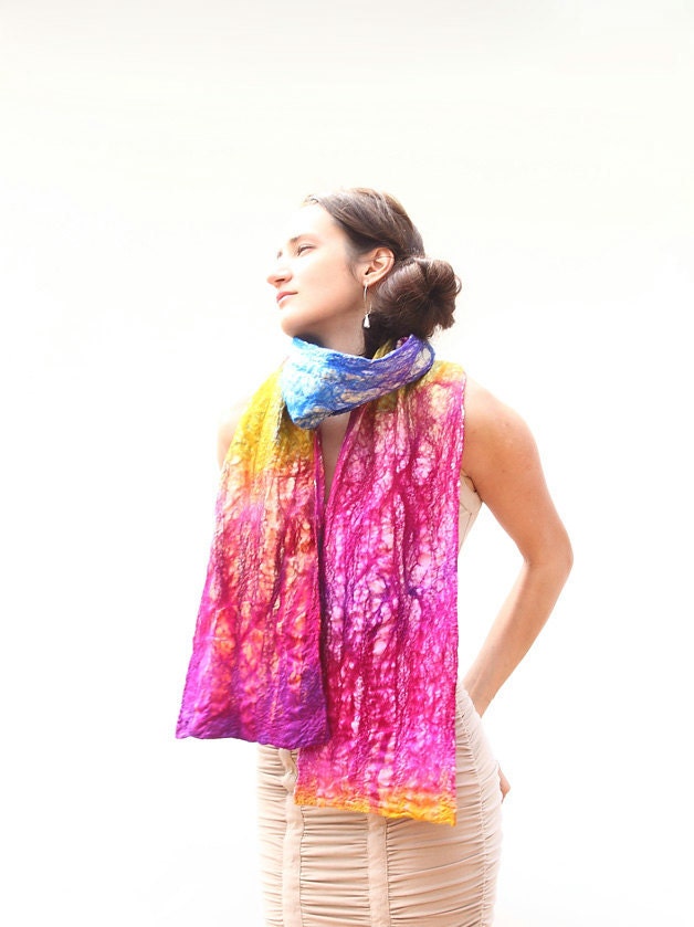 OOAK Nunofelted textured scarf Neon pink Rainbow nuno felted scarf christmas preview gift guide