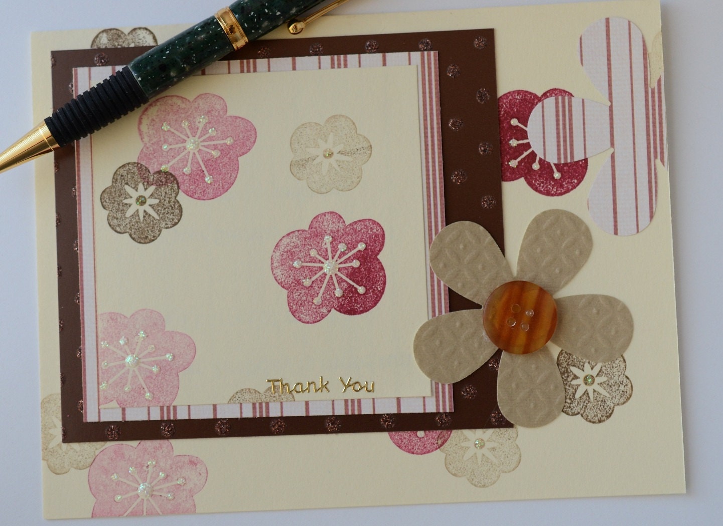 Thank You Card Brown Tan Burgundy Flowers Stamped Ready to Ship