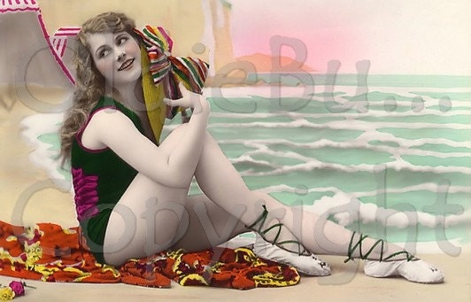Girl with Rainbow Ribbon Hat Edwardian  Swimmer vintage photo digital download