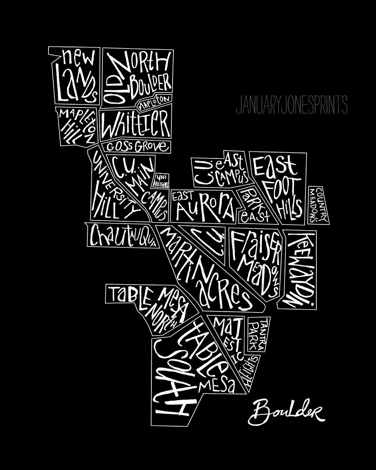 boulder, CO neighborhood map hand drawn art print poster wall decor