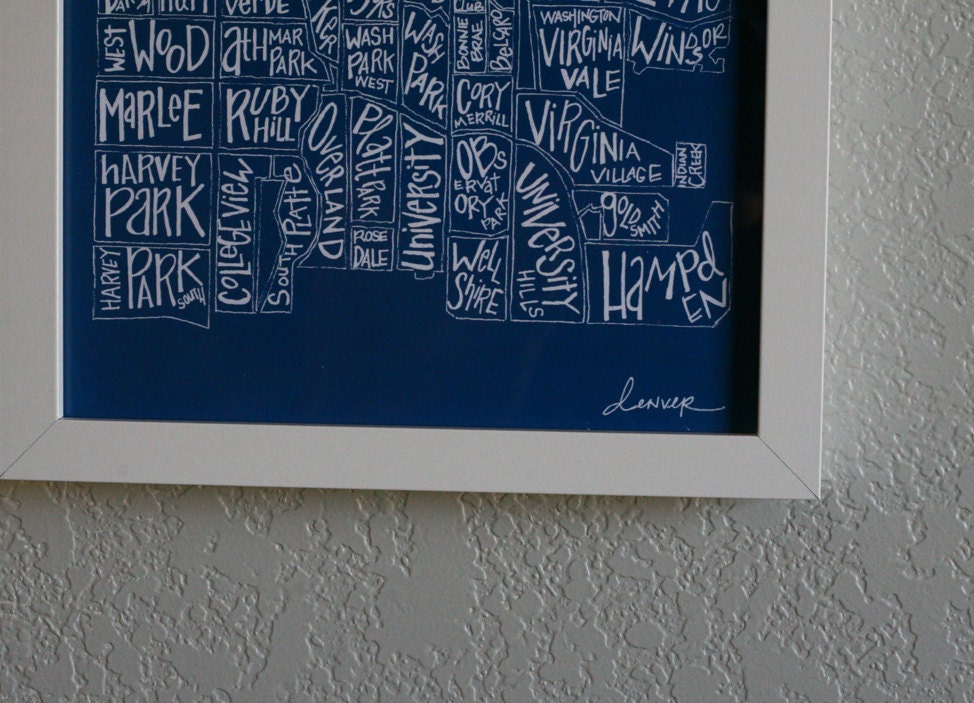 denver neighborhood map hand drawn in lake art print poster wall decor