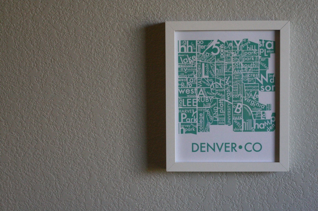 denver neighborhood type map in pool teal art print poster wall decor