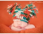 Chic Fuzzy Pom Pom Sack Hat - Beanie - Greens and Oranges