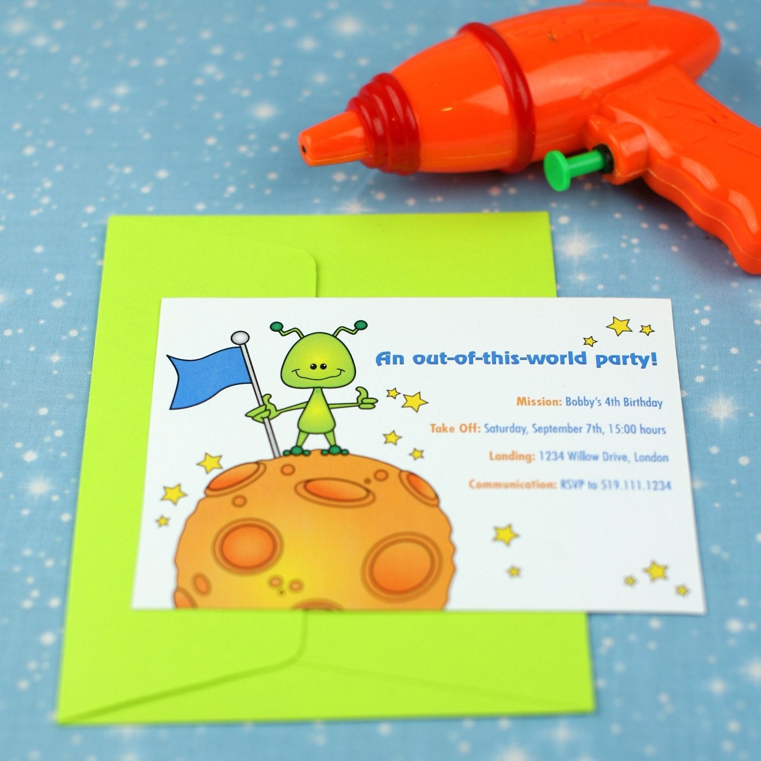 Custom Invitation from the Alien Invasion DIY Printable Collection by Spaceships and Laser Beams