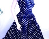 Vintage style navy rockabilly 50's polka dot dress L Limited time pricing