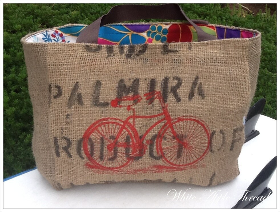 Vintage Bicycle Eco-Friendly Market Tote bag, Handmade from a Recycled Coffee Sack