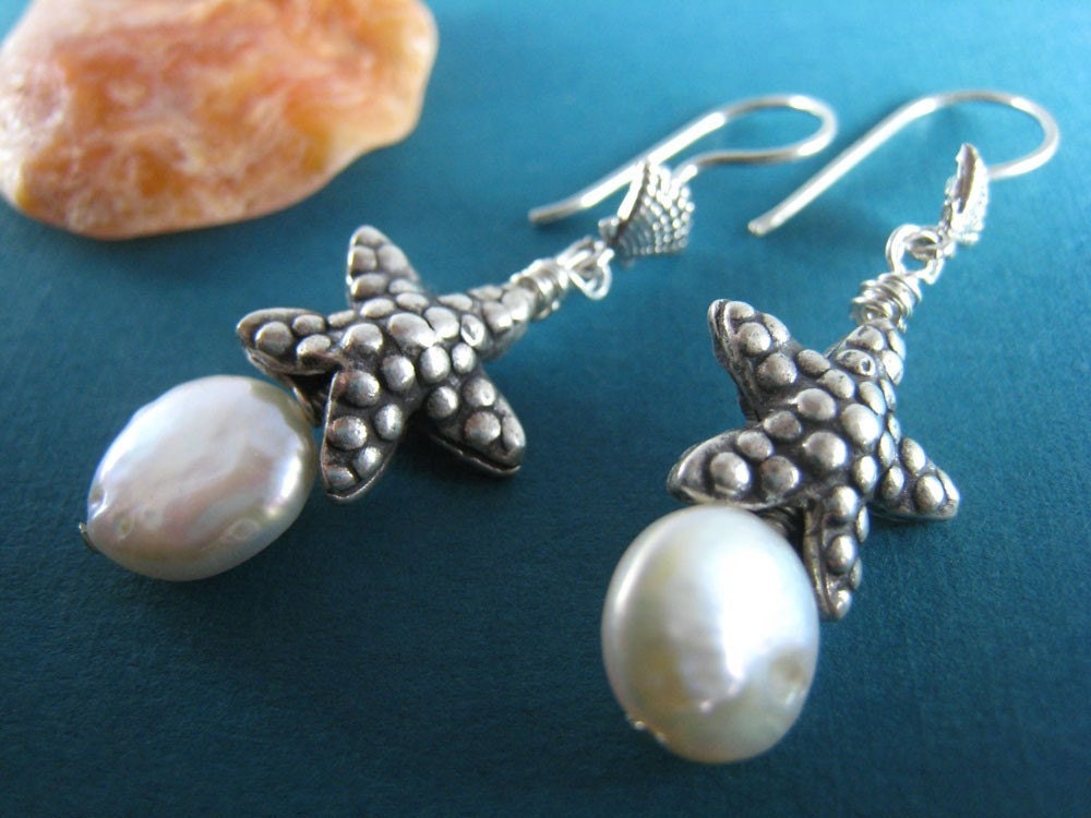 Starfish Wishes - Sterling Silver Starfish and White Coin Pearl Earrings