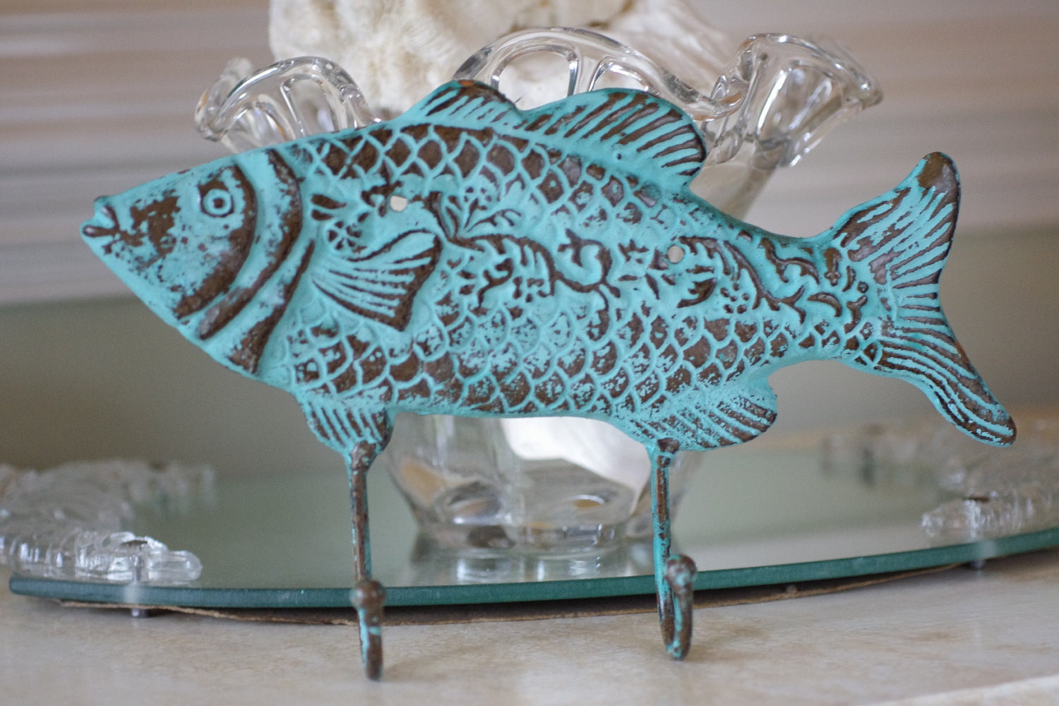Beach Decor Cast Iron Fish Wall Hook - Ocean Blue Green Verdigris