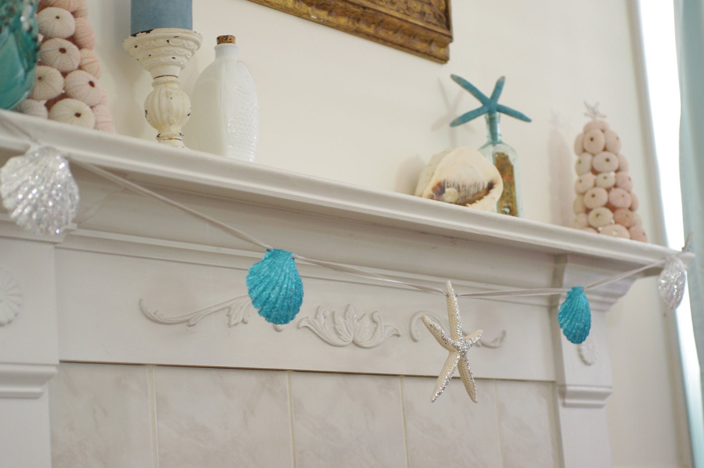 Beach Decor Mantel Fireplace Garland -  Starfish and Seashell - Silver and Aqua Sparkling Garland