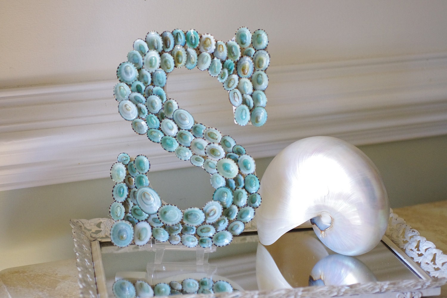 Beach Cottage Seashell Decor Limpet Shell Sign Letter Monogram - Aqua