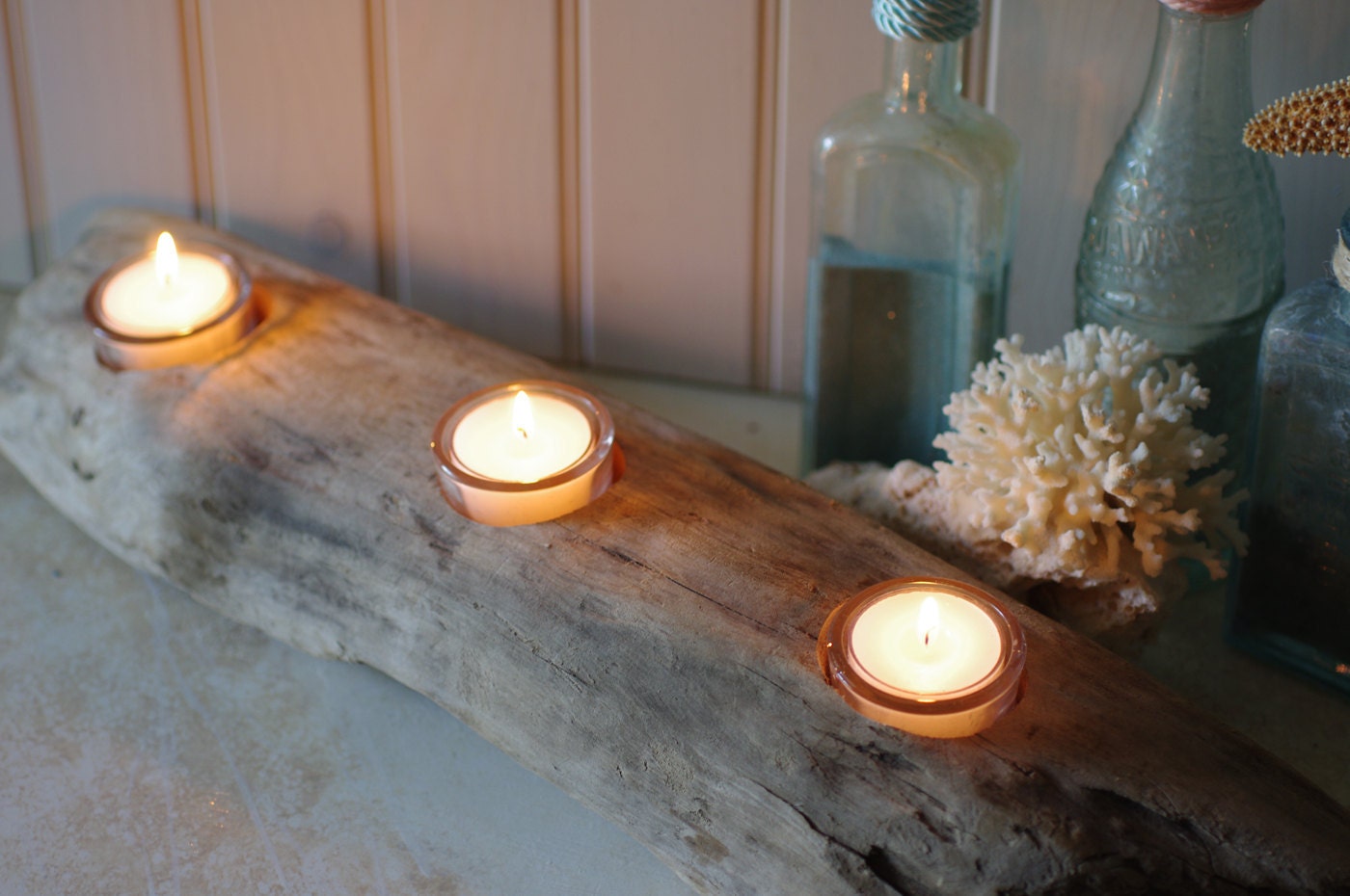 Three Votive Driftwood Candleholder