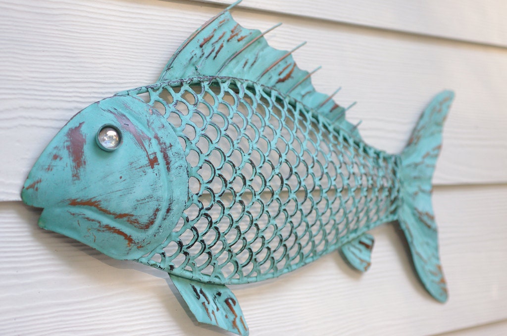 Beach Wall Decor Metal Fish - Blue Green Patina