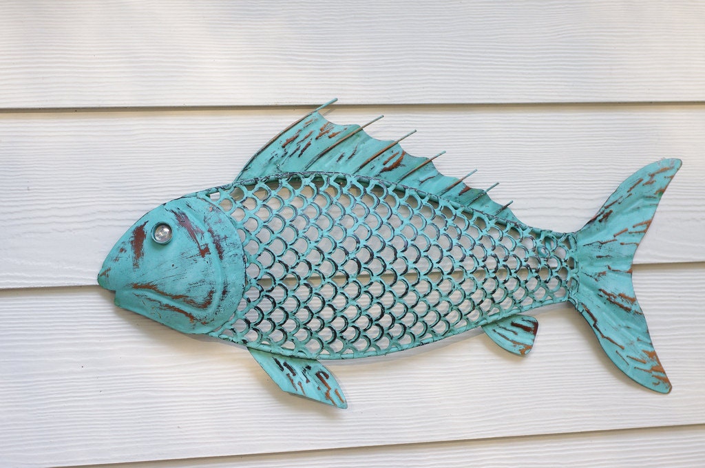 Beach Wall Decor Metal Fish - Blue Green Patina