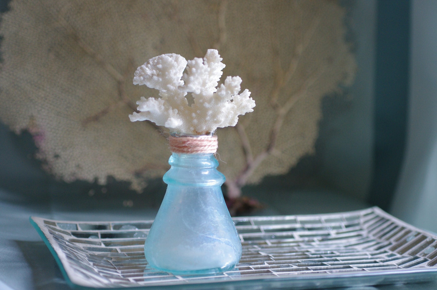 Beach Decor Vintage Aqua Ink Bottle with White Coral