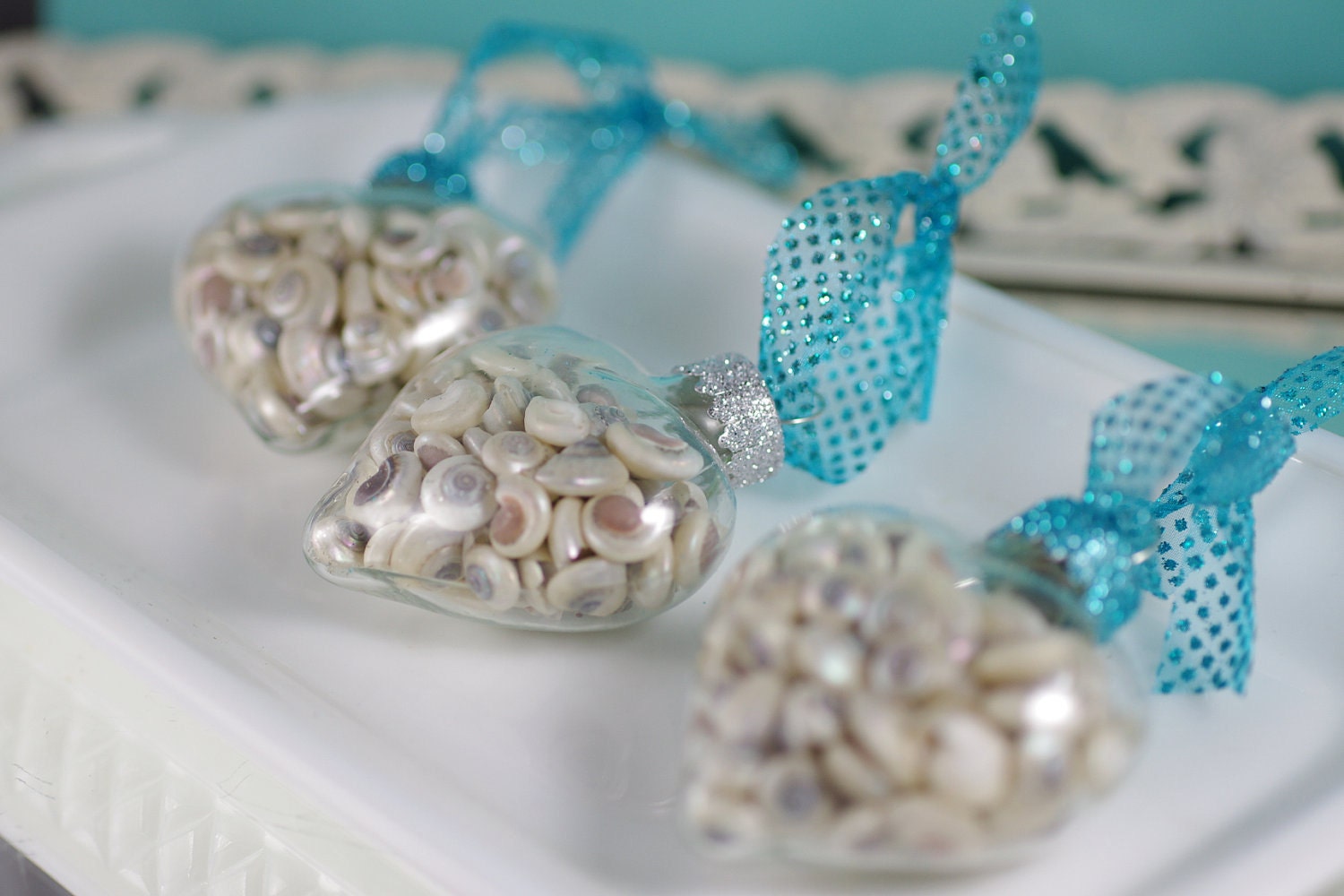 Beach Decor Seashell Heart Ornaments - Set of 3 Glass Heart Shape Ornaments