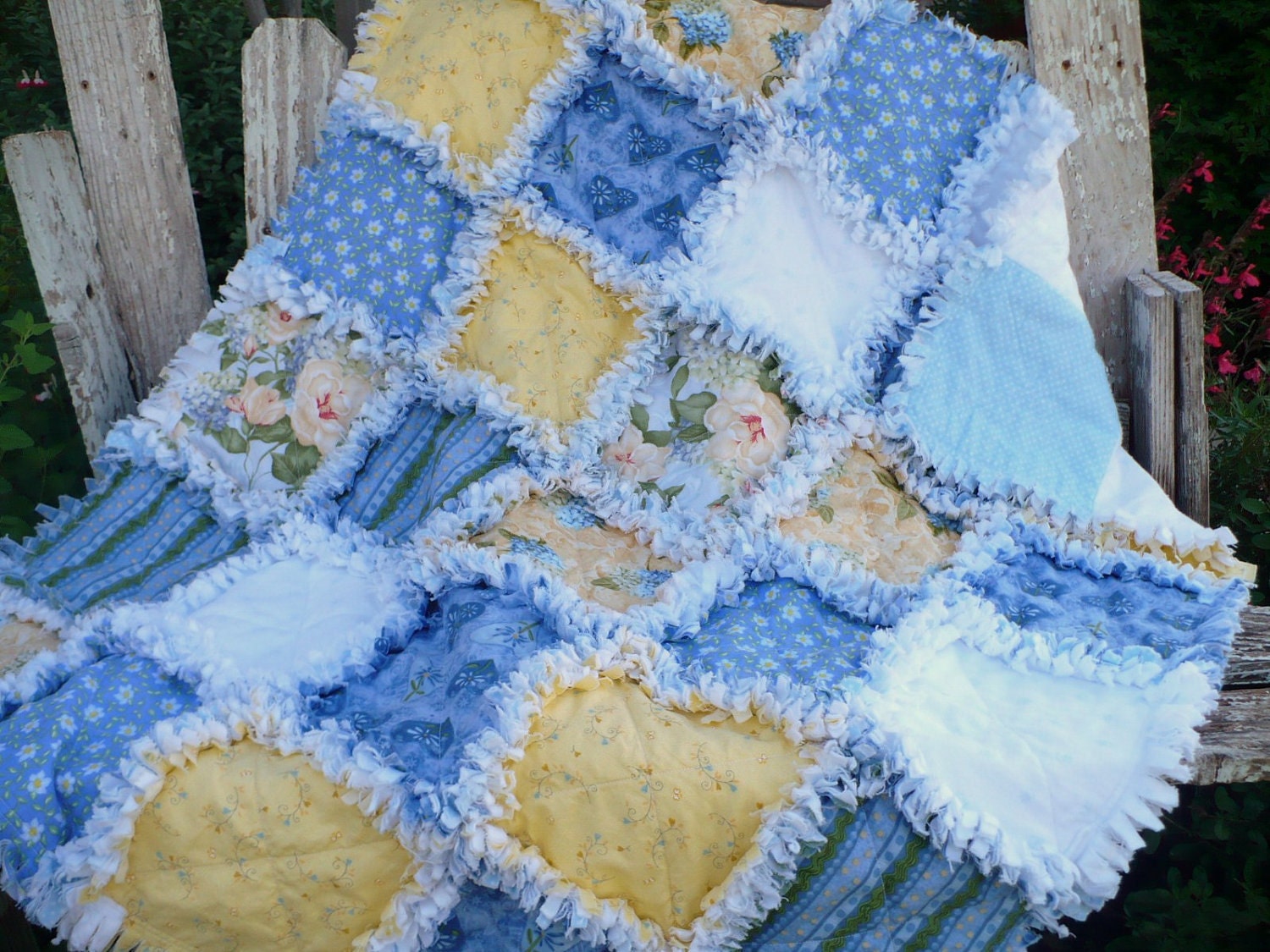 Baby Girl Rag Quilt- Shabby Chic Cornflower Blue and Daffodil Yellow