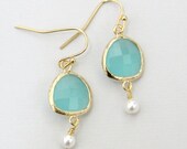 Blue Opal Glass Stone Drop Earrings with White Swarovski Pearls