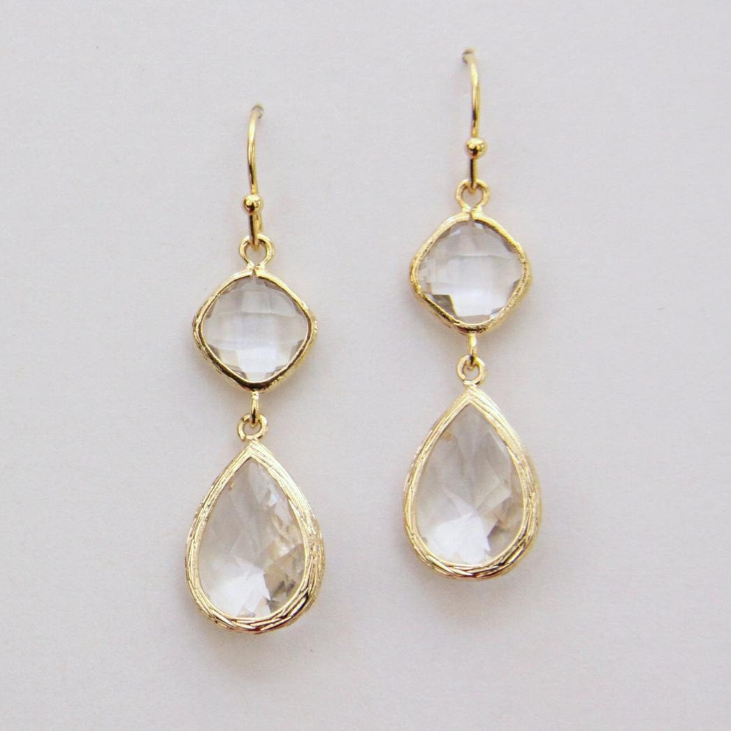 Deva. Faceted Crystal Clear Glass Stone Earrings in Gold