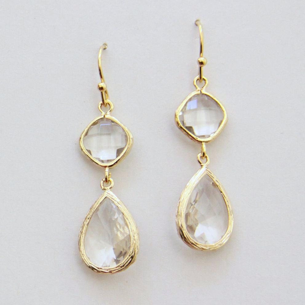 Deva. Faceted Crystal Clear Glass Stone Earrings in Gold