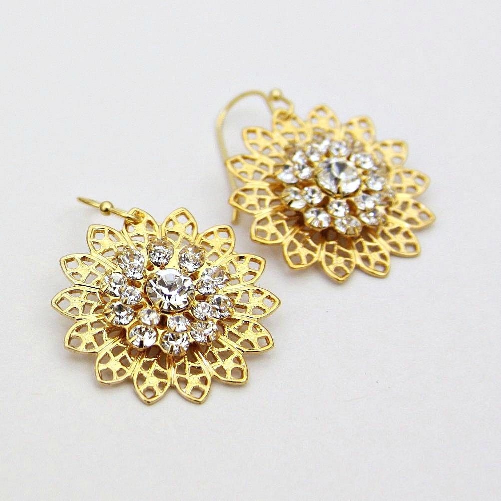 Swarovski Crystal Starlit Filigree Gold Earrings Clear Rhinestones