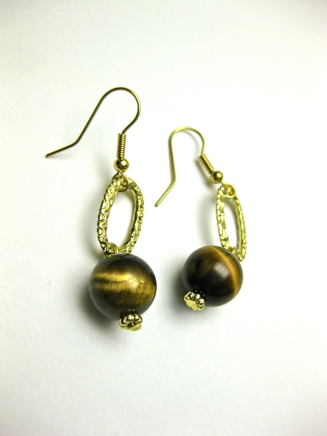 Tiger's Eye & Gold Oval Drop Earrings - FREE SHIPPING