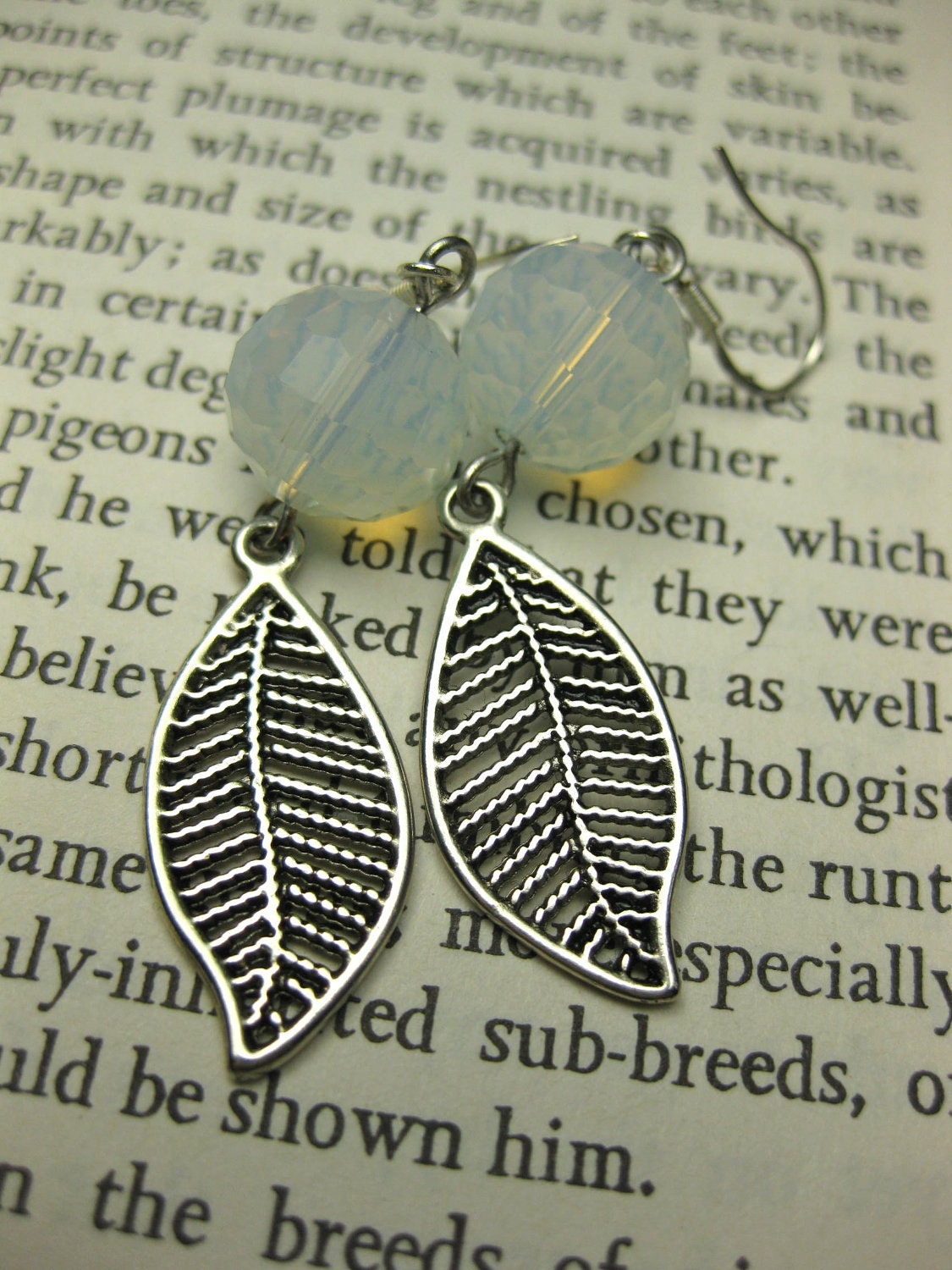 Silver Leaf Earrings w/ White Nebula Faceted Glass