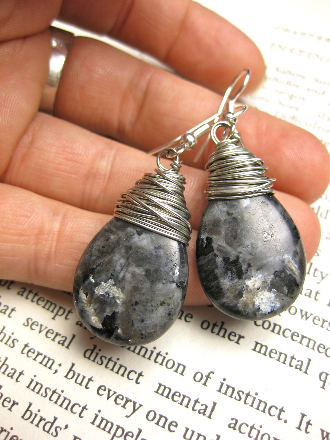 Black Labradorite Teardrop Wire Wrapped Earrings - Larvikite