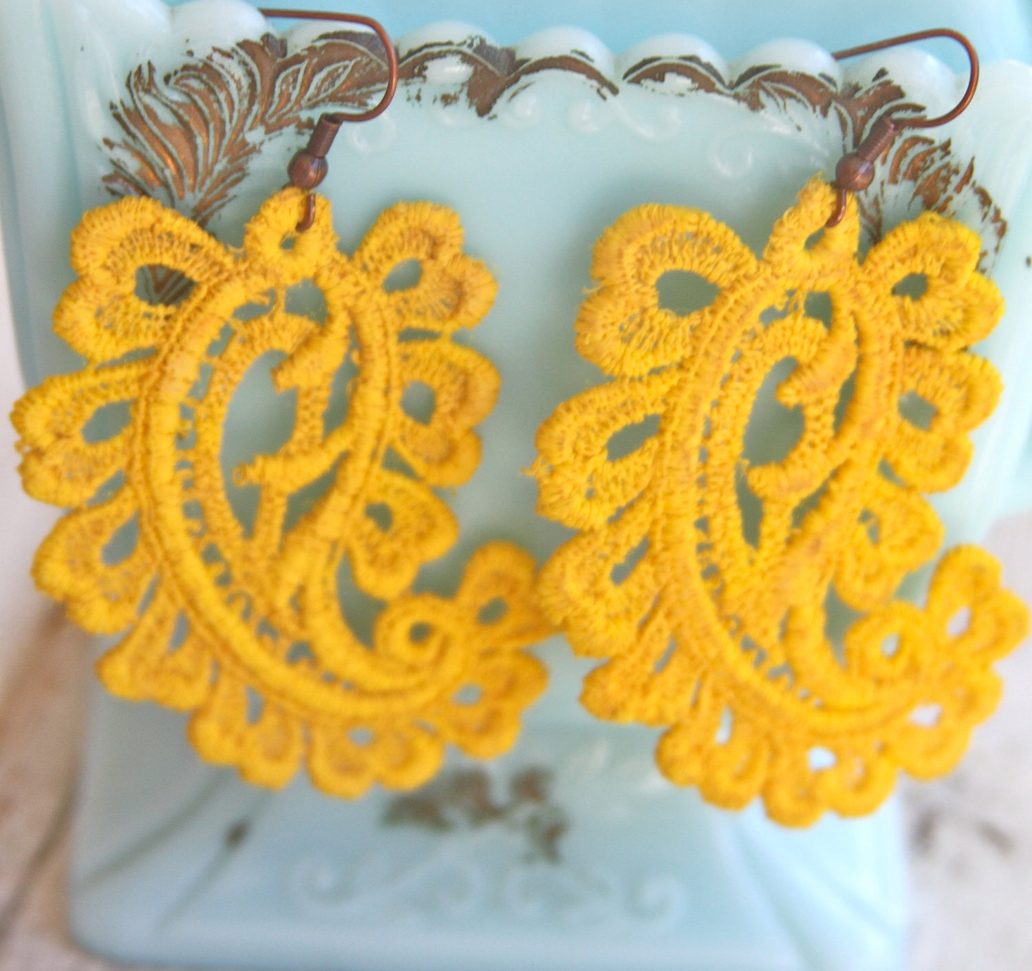 Vintage Yellow Lace Paisley One of A Kind Statement Lace Dangle Earrings -  Bridesmaids, Wedding, Summer , Beach