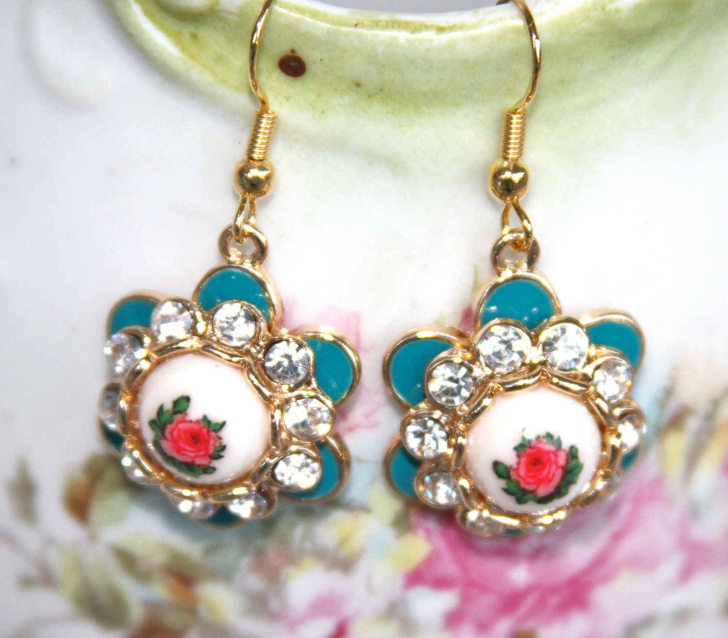 Vintage Teal Blue Gold Rhinestone Red Floral Dangle Earrings