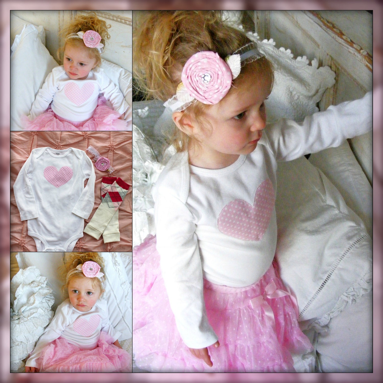 Baby Girl Heart Onesie AND Leg Warmers SET.  Easter Dress, Spring Birthday Gift, Paris.  Pink Roses, Aqua, Toilie, Damask.
