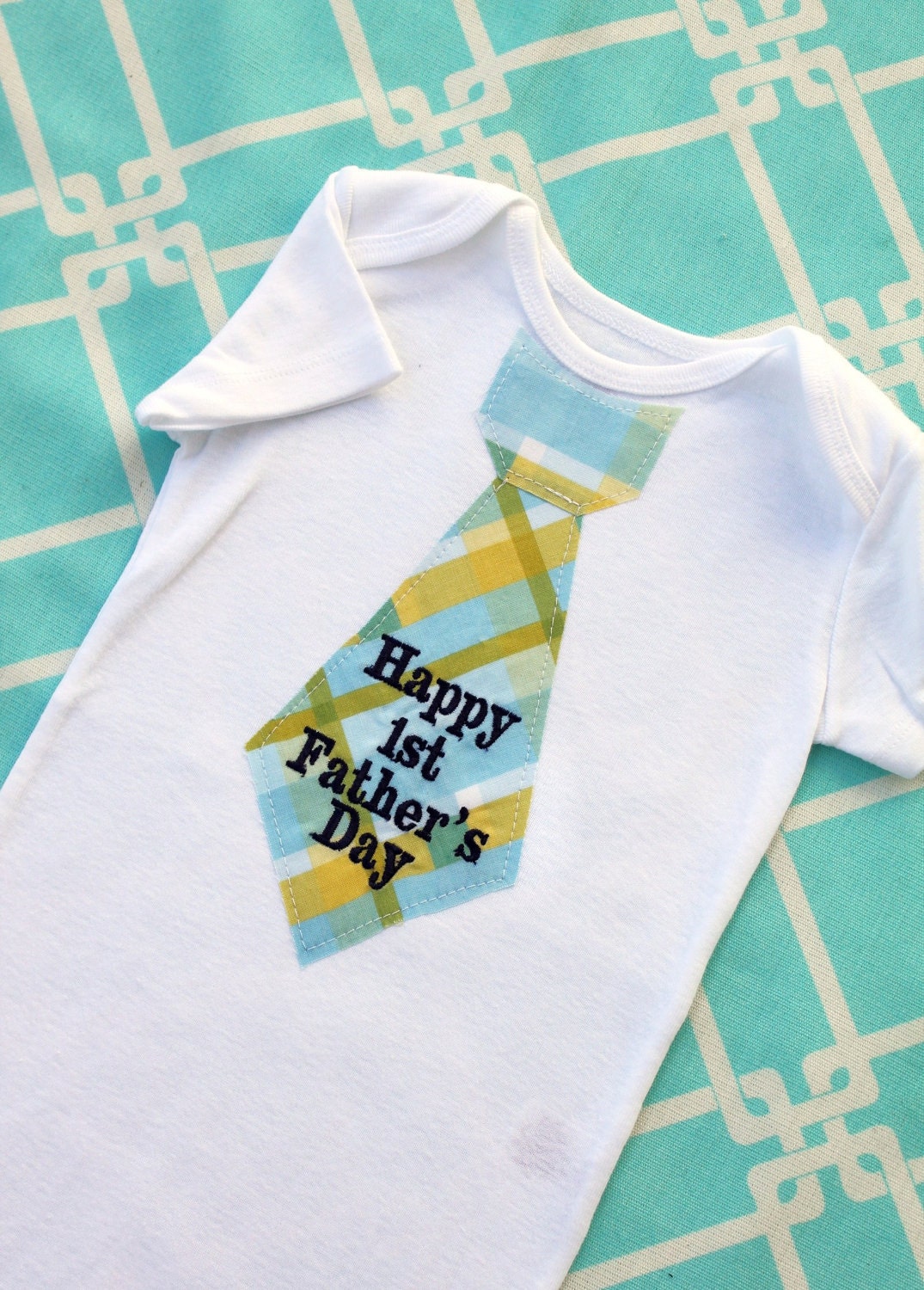 Happy 1st Father's Day Baby Boy Tie Onesie.  Choose Any Necktie Fabric.  Plaid, Stripes, Argyle.  New Dad, New Baby.
