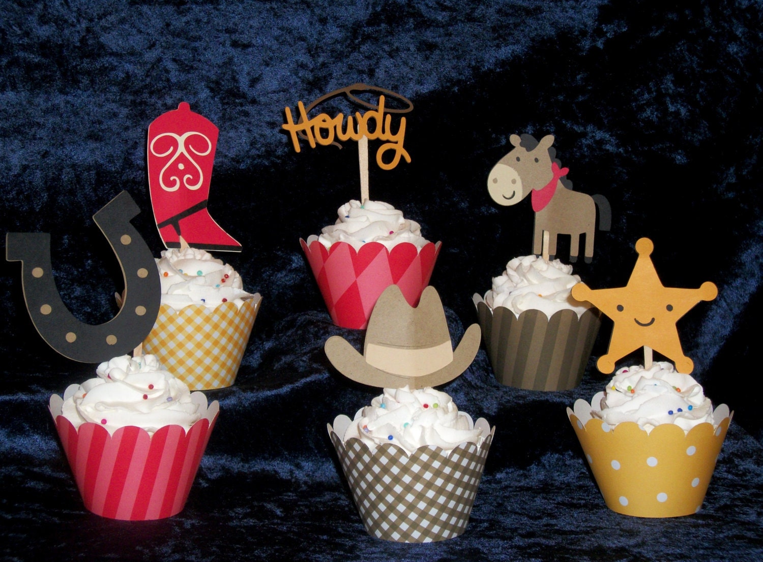 12 Cowboy Cow Boy Cowgirl Cow Girl Themed Paper Pieced Cupcake Toppers ... choose color & combination ... red brown yellow blue