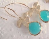 Neon spring jewelry Dangle drop earrings Fashion gifts Framed blue glass on 14 kt Vermeil gold marquise earrings Bridesmaid gifts